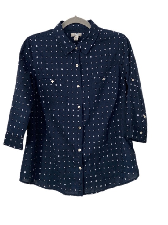 croft & barrow Tops - Croft & Barrow Navy 3/4 Sleeve Button-Down Shirt with White Dot Grid Size PL